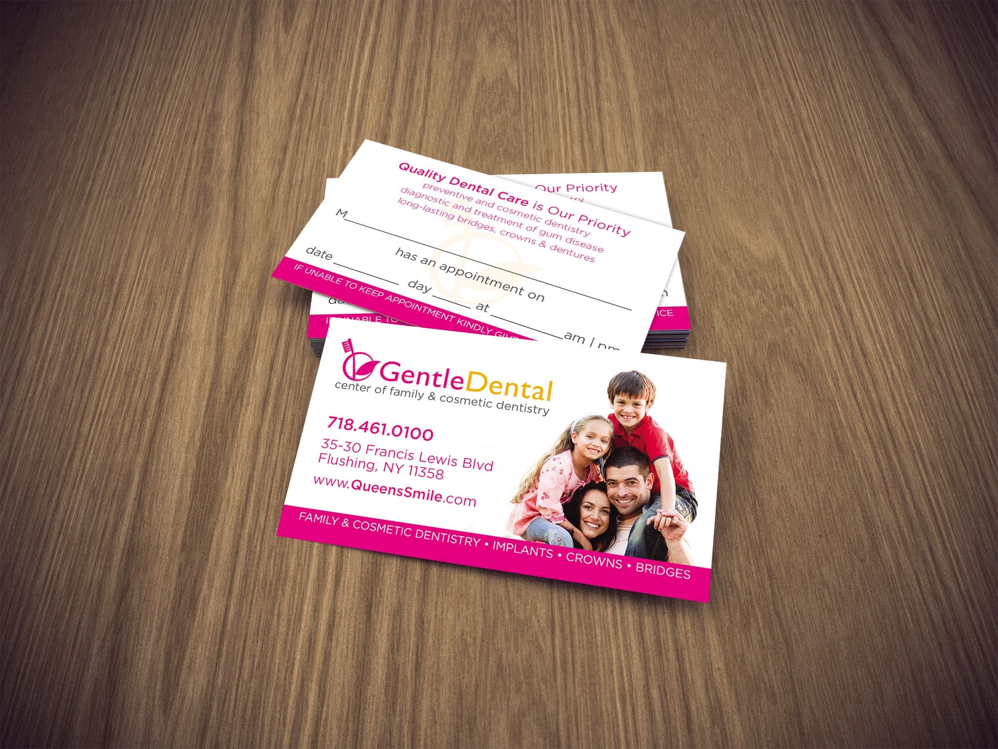 Dentist business card design for Gentle Dental featuring family dentistry, cosmetic procedures and appointment reminder