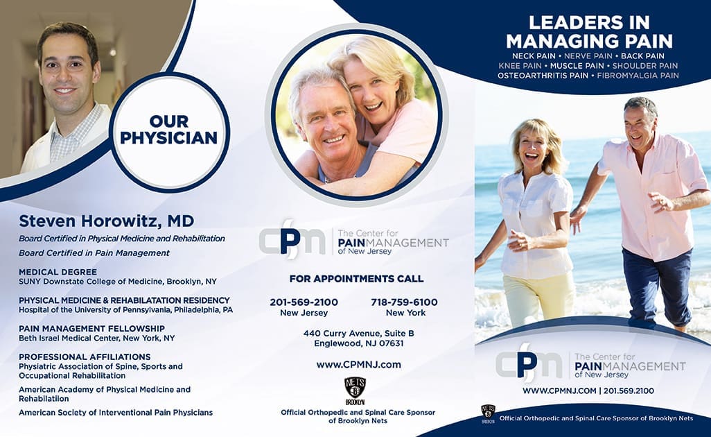 Orthopedic Pain Management Brochure design for Center For Pain Management of New Jersey featuring interventional procedures and board-certified physicians — view 2