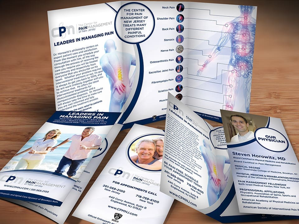 Orthopedic Pain Management Brochure design for Center For Pain Management of New Jersey featuring interventional procedures and board-certified physicians