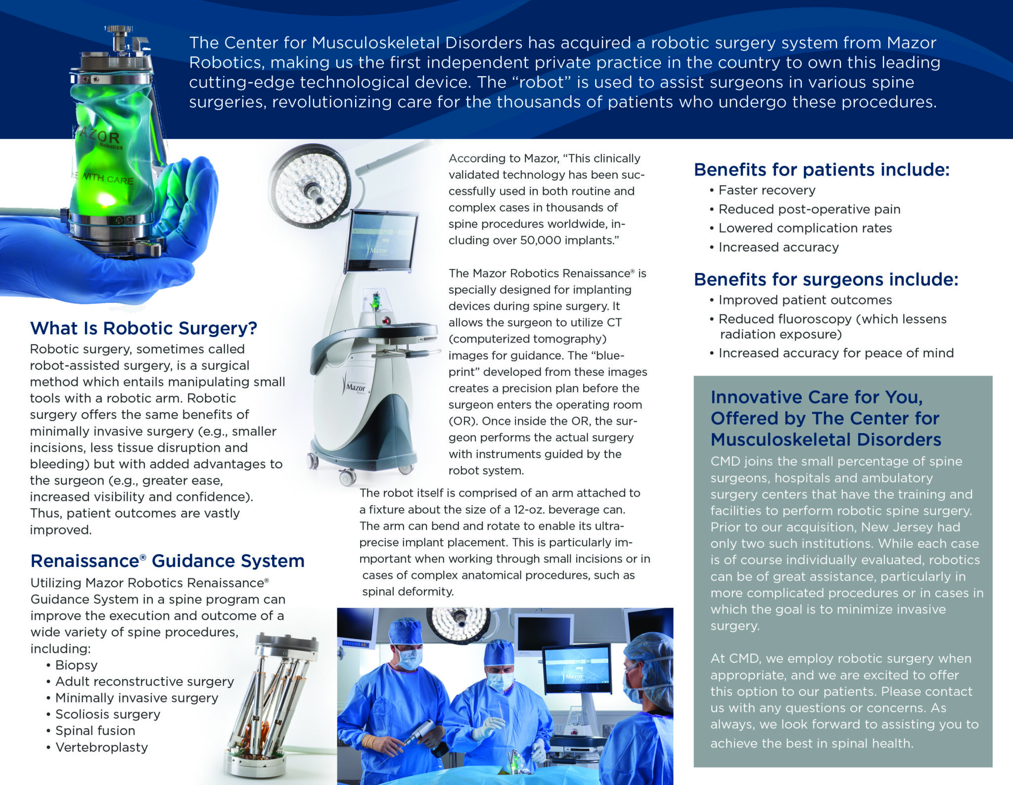 Robotic surgery brochure inside panels detailing physician team bios and multi-location practice addresses