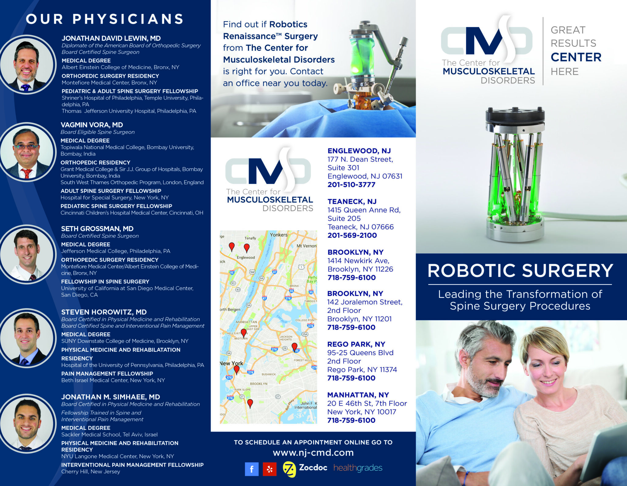 Robotic surgery brochure outer panels explaining minimally invasive orthopedic surgery benefits and patient guidance