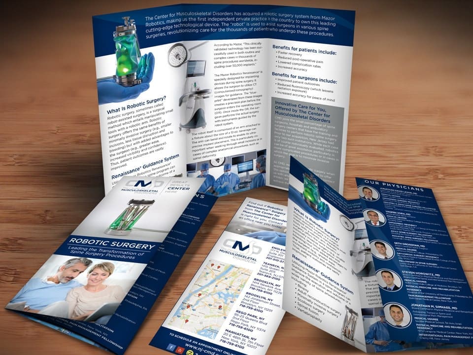 Center for Musculoskeletal Disorders robotic surgery medical brochure design highlighting minimally invasive spine procedures