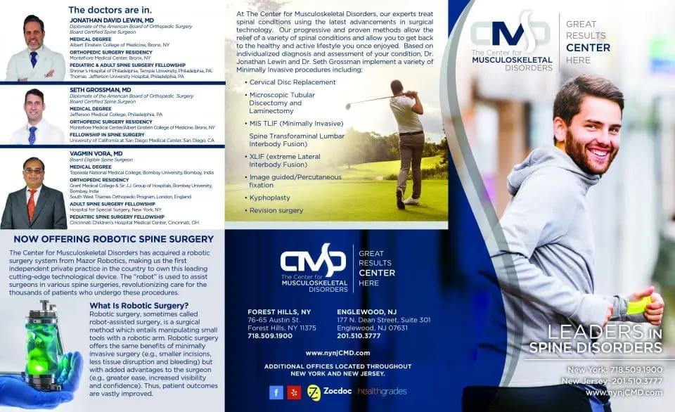 Musculoskeletal Spine Brochure design for Center for Musculoskeletal Disorders treating herniated discs, stenosis, and spinal conditions — view 2