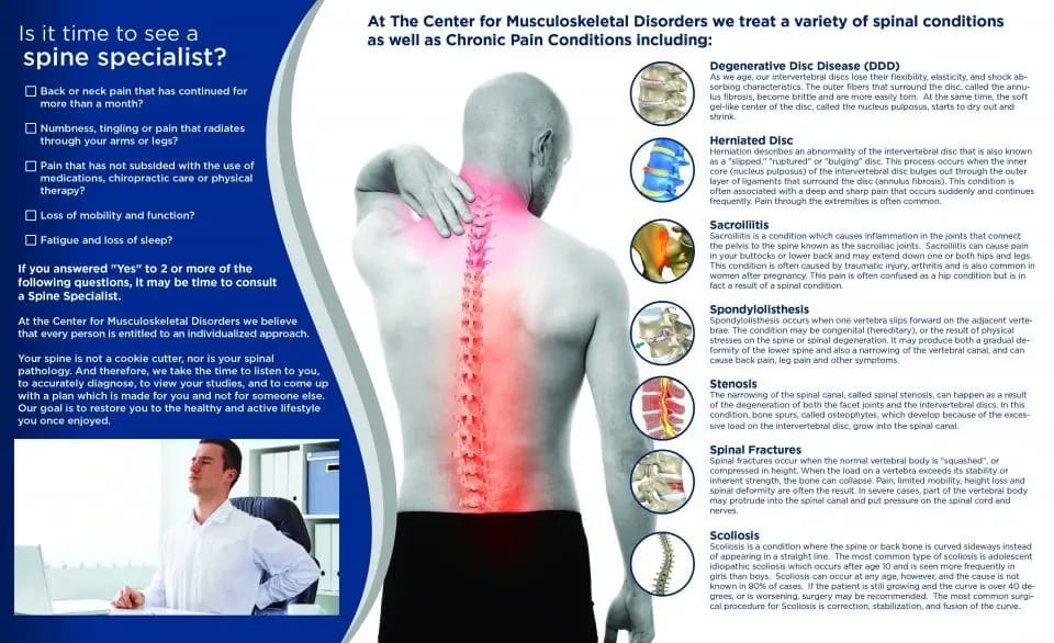 Musculoskeletal Spine Brochure design for Center for Musculoskeletal Disorders treating herniated discs, stenosis, and spinal conditions — view 3