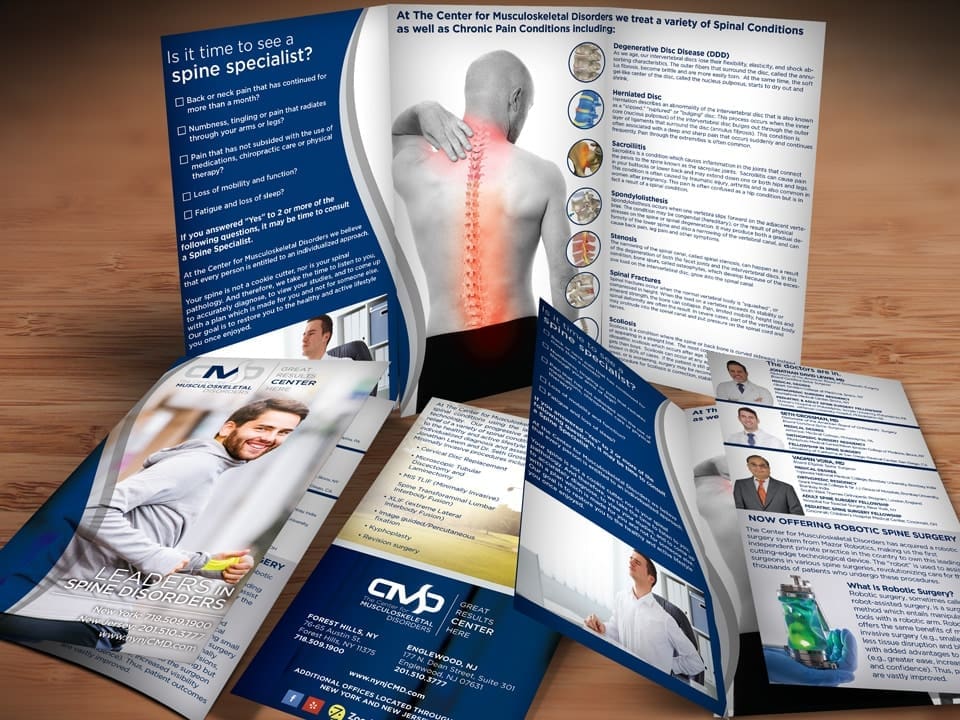Musculoskeletal Spine Brochure design for Center for Musculoskeletal Disorders treating herniated discs, stenosis, and spinal conditions